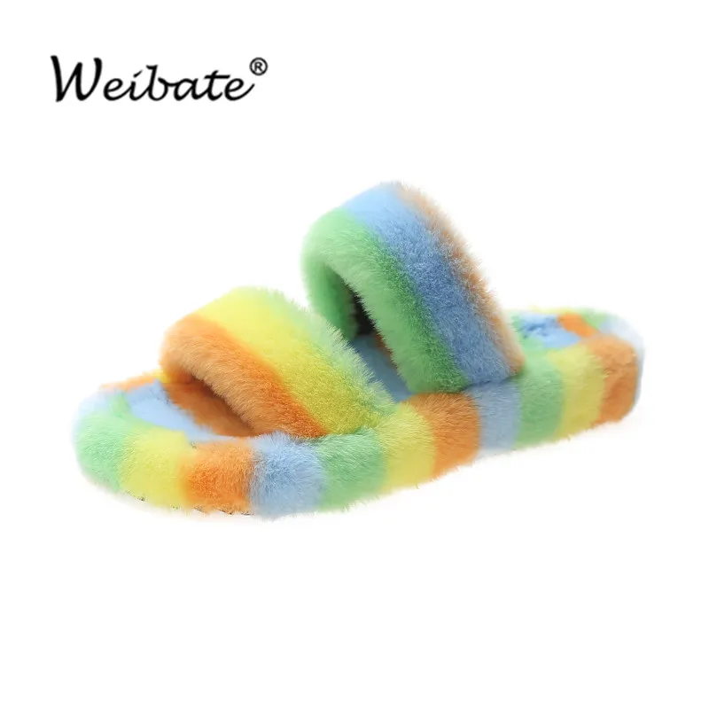 

2021 Winter Women Color Match House Slippers Fashion Faux Fur Warm Shoes Female Slip On Home Furry Slides Plush Floor Flip Flops