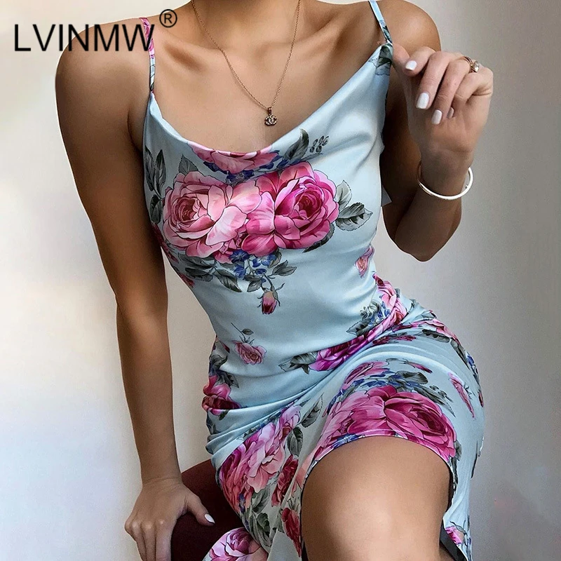 Женское мини платье LVINMW мягкое атласное на бретелях спагетти с цветочным принтом