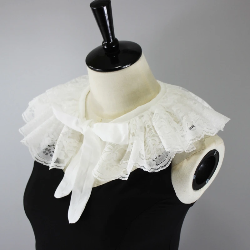 

Pleated Floral Lace Faux Collar Shawl Half Shirt Ribbon Bow Neck Warmer Capelet X5XA