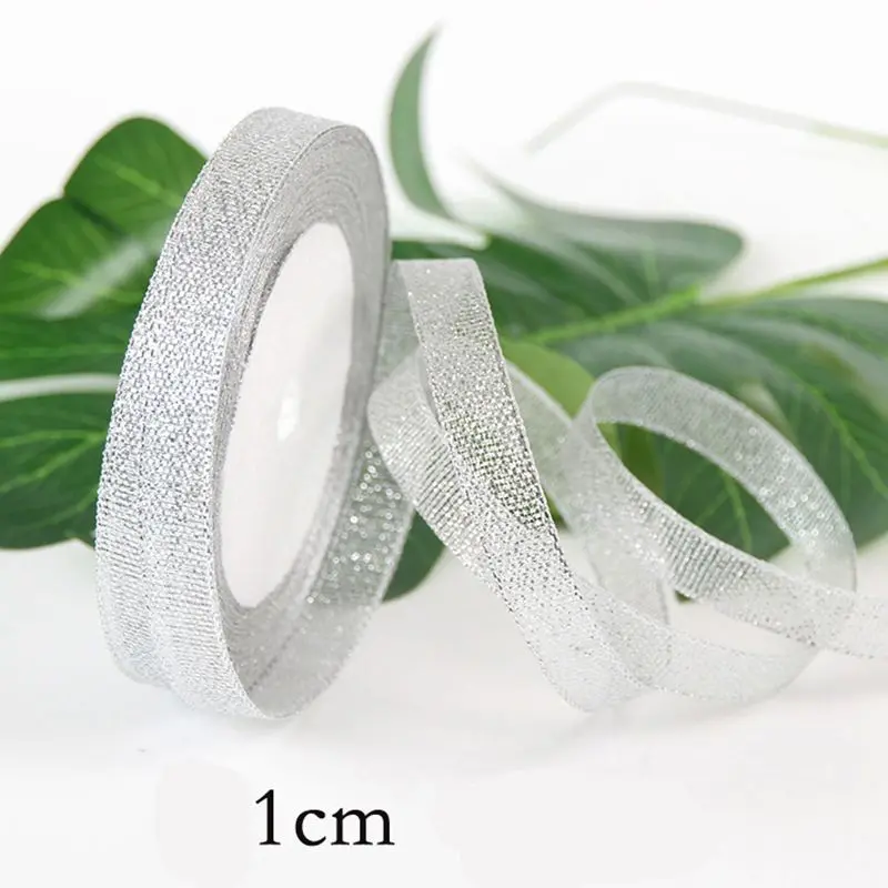 width 1cm 25 ярдов/рулон Золото Серебро шелковая атласная лента для рукоделия Свадебные Декоративные DIY органзы ленты лук Рождественский подарок поставки - Цвет: width 1cm