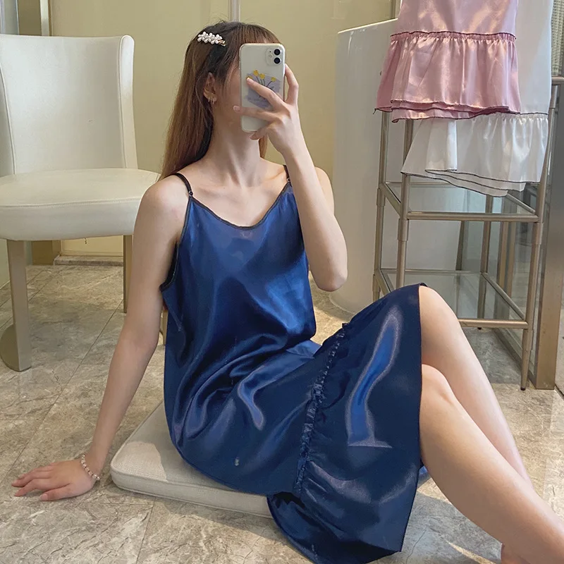 

Summer Thin Suspender Nightdress Imitation Silk Suspender Dress Home Clothes Women's Pajamas Women's Middle Skirt