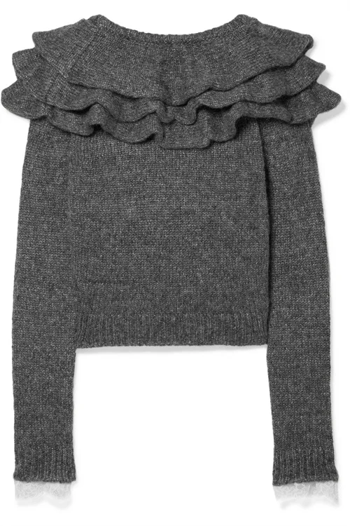 

Fashion Gray Ruffle Women Knitted Sweater Ladies Fashion Long Sleeve Knitwear Pullover Slim Bottoming Shirt Top Autumn Winter