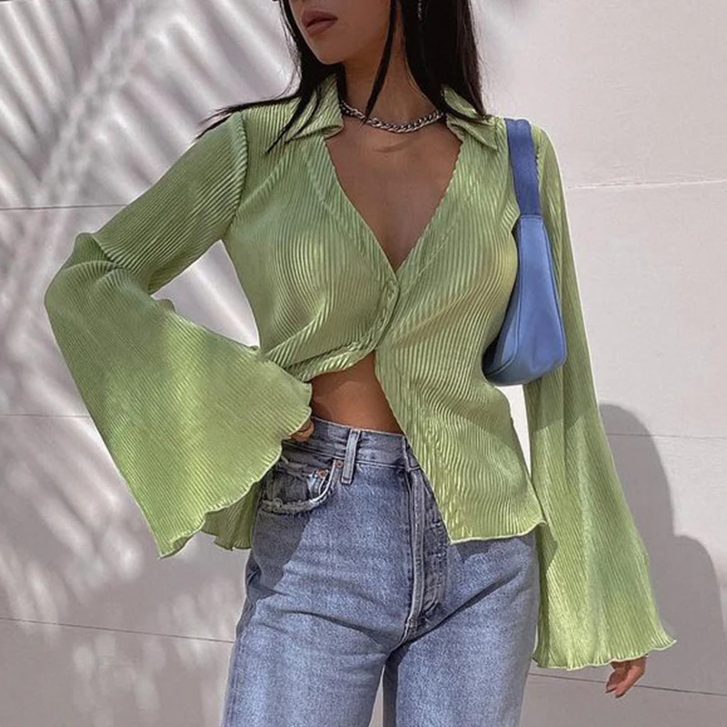 

Green Long Flare Sleeve Deep V Y2k Blouses 2021Fashion Button Up Women's Shirt Turn-Down Collar Shirt Crop Top Female Streetwear