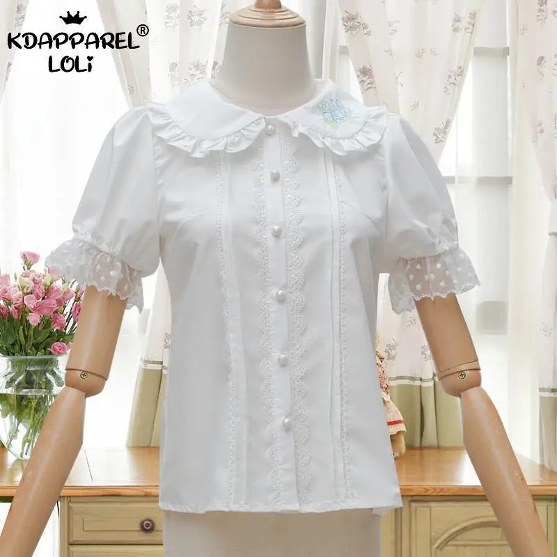 

Sweet Women Lolita White Shirts Cute Girls Teens Blouse Embroidered Lapel Short Sleeve Thin Cotton Tops Lace Ruffles Summer New