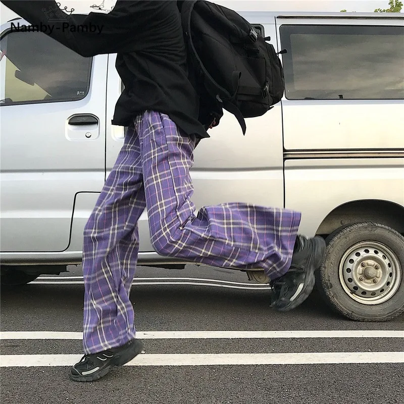 

Korean Style Hippie Purple Plaid Pants Women Vintage Oversize Wide Leg Checked Trousers For Female Elastic High Waist