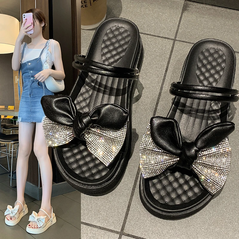 

Summer Soft Bottom Fairy Wind Bowknot Rhinestone Thick Beach Outdoor Fashion All-match Sandals and Slippers