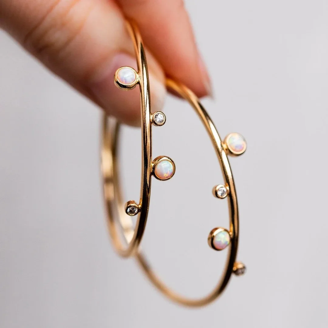 

Trendy Gold Color Hoop Earrings Shiny CZ Imitation of Opal Ear Loop For Women Party Daily Wear Graceful Statement Jewelry