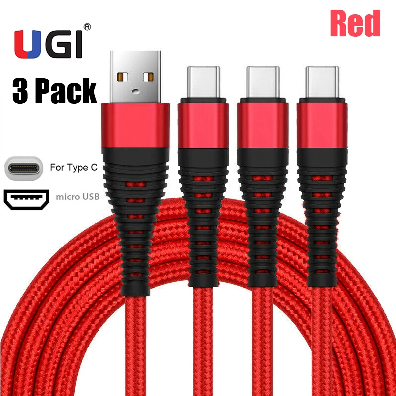 

UGI QC3.0 4A 3 Pack Fast Charging Cable Type C USB C Cable Micro USB Android Cable Nylon Quick Charge Data Transfer Phone Cable