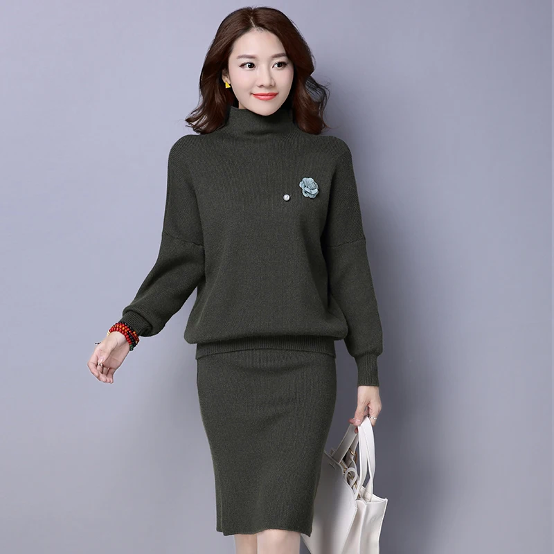 Модный женский комплект из 2 предметов вязаный пуловер размера плюс + юбка