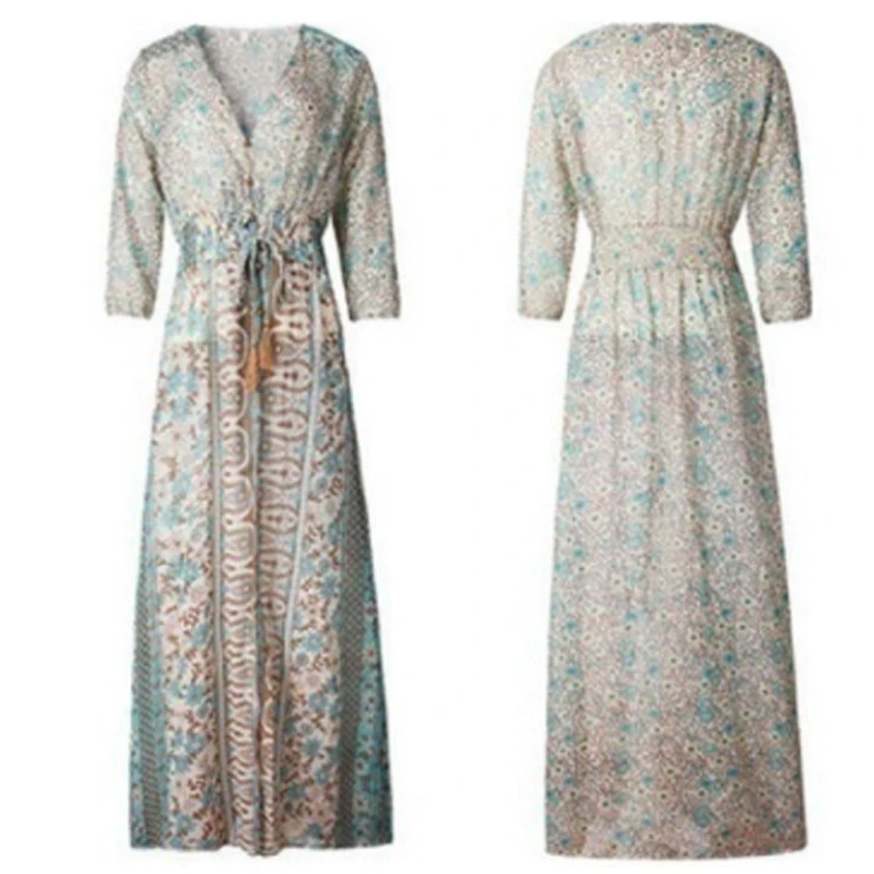 

S-4XL Floral Print Seven-quarter Sleeve Elastic Waist Loose Long Dress Women Summer Shopping Party Chiffon Skirt