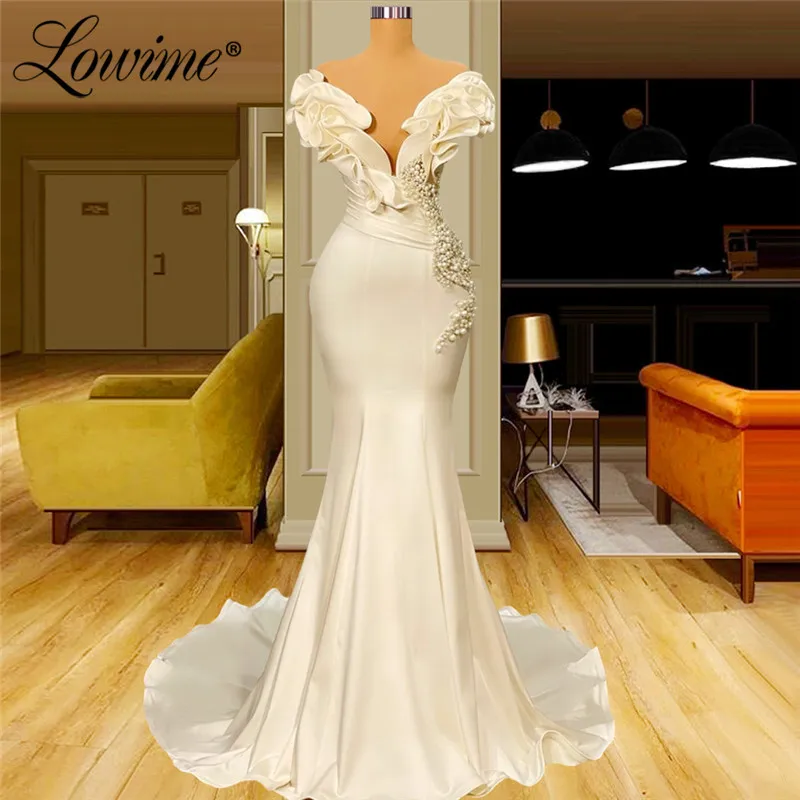 

Lowime Arabic Dubai Simple Pearls Long Mermaid Party Dress 2022 Custom Made Satin Women Formal Long Evening Gowns Prom Dresses