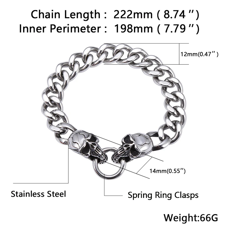 Мужской браслет из нержавеющей стали с двойным черепом 12 мм | Украшения и