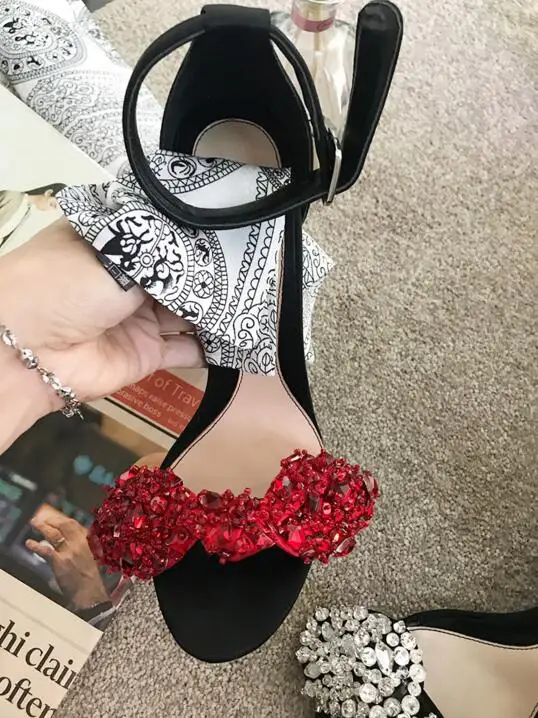 Sexy Red Rhinestone Butterfly-knot Women Sandals Open Toe Suede Thin Heel Wedding Shoes Bride Ankle Strap Crystal Summer Sandals