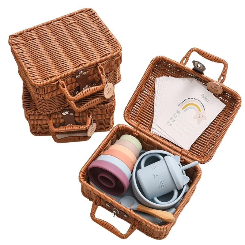 

Baby Feeding Tableware Box Set Gifts Baby Silicone Rainbow Stacker Toy Set Baby Birth Vintage Box Photo Props Birth Gifts