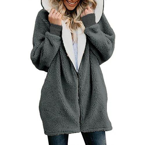 dark gray Длинная Базовая Женская куртка весна осень с капюшоном из искусственного меха пальто и куртки женские теплые размера плюс верхняя одежда женское пальто CDR643 - Цвет: dark gray
