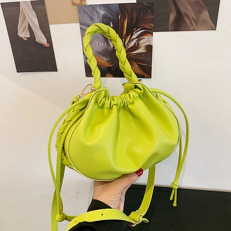 

Fashion Pleated Small Totes With Woven Handle 2021 Summer New PU Leather Women's Designer Handbag Draw Shoulder CLOUDY Bag