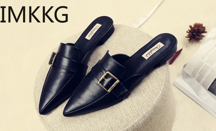 Женские мюли из ПУ кожи шлепанцы на плоской подошве заостренный носок без