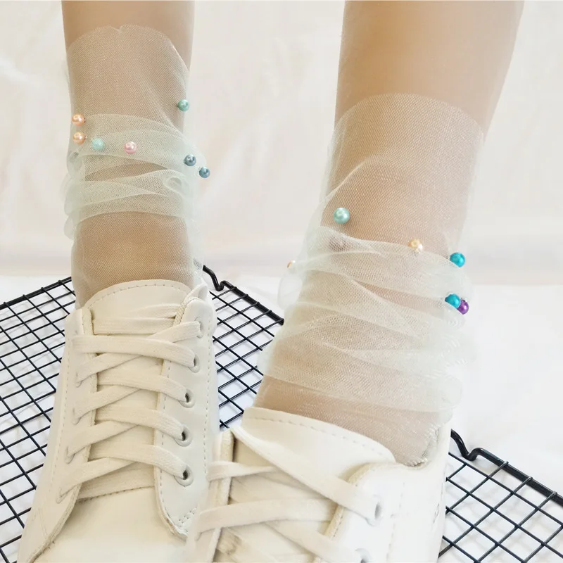 12 Pairs Women Girls Spring Summer New Listing Glitter Soft Breathable Black Lace Flower Fishnet Mesh Ankle Pearl Socks
