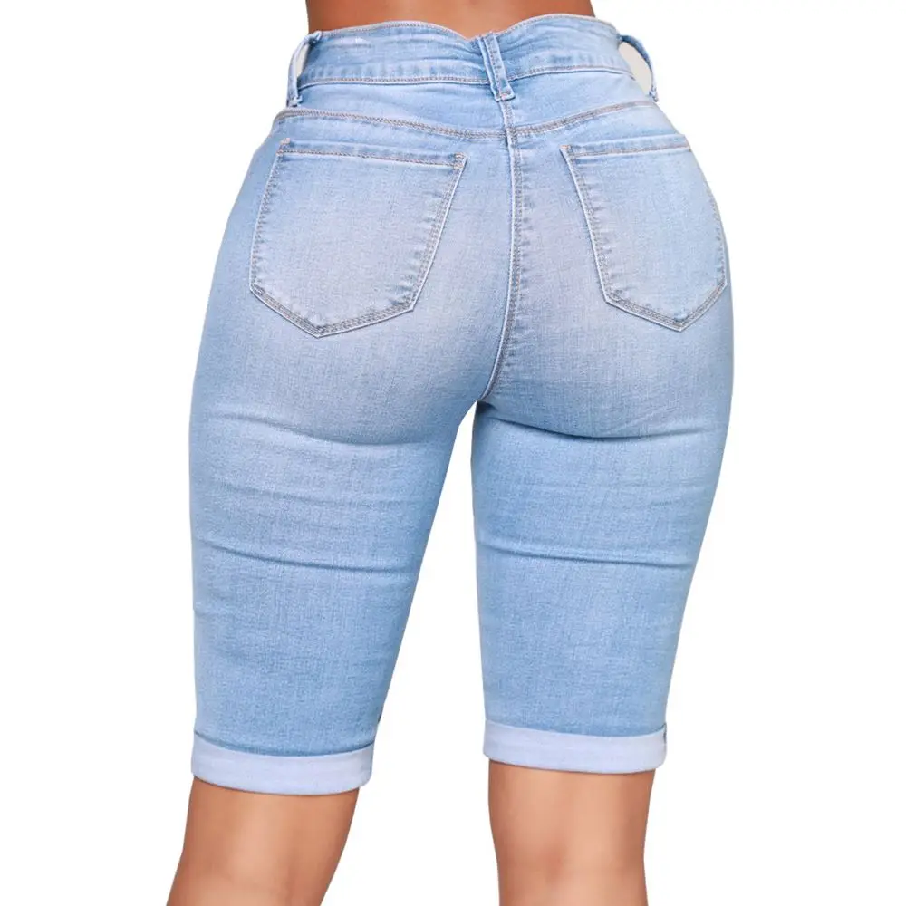 FAKUNTN 2021 Womens Middle Rise Elastic Denim Shorts Knee Length Curvy Bermuda Stretch Short Jeans | Женская одежда