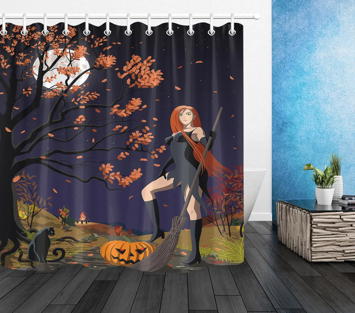 

Halloween Beauty Witch Bathroom Decor Pumpkin Black Cat Shower Curtain