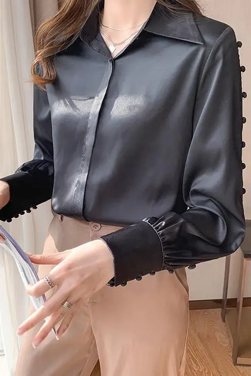 

Houthion Chiffon Slim Women's Blouses Long Sleeve Top New Casual Blouse Fashion Turn-down Collar Solid Shirt Lady Blusas