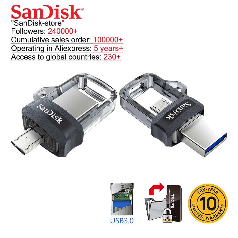 SanDisk оригинальный OTG USB флеш накопитель 32 Гб 16 3 0 двойной мини 128 64 PenDrives для ПК и