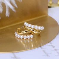 korean fashion round pearl women earring 14k real gold charm stud earrings wedding anniversary pendant for bridal gift