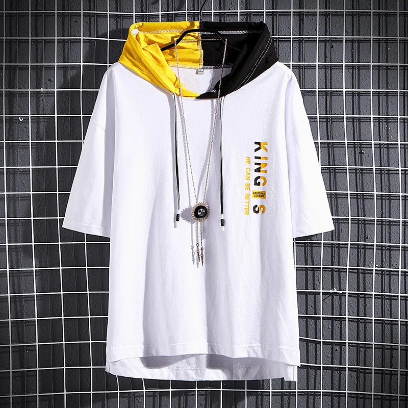 

2020 New Arrival Men Summer Cotton T-shirt Hoody Patchwork Men Casual T-shirt Short Sleeve Loose Men Outdoor Sport T-shirt