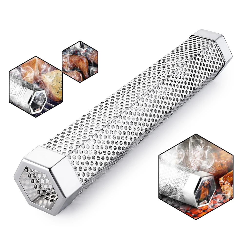 

12''Hex BBQ Grill Hot Cold Smoking Mesh Tube Smoke Generator Stainless Pellet Smoker in Gas Electric Charcoal Grills