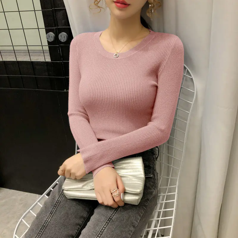 

Korean -Style Knitted Sweater Women 's 2020 Autumn New Long-Sleeved Slim -Fit All -match Sweater Base Shirt