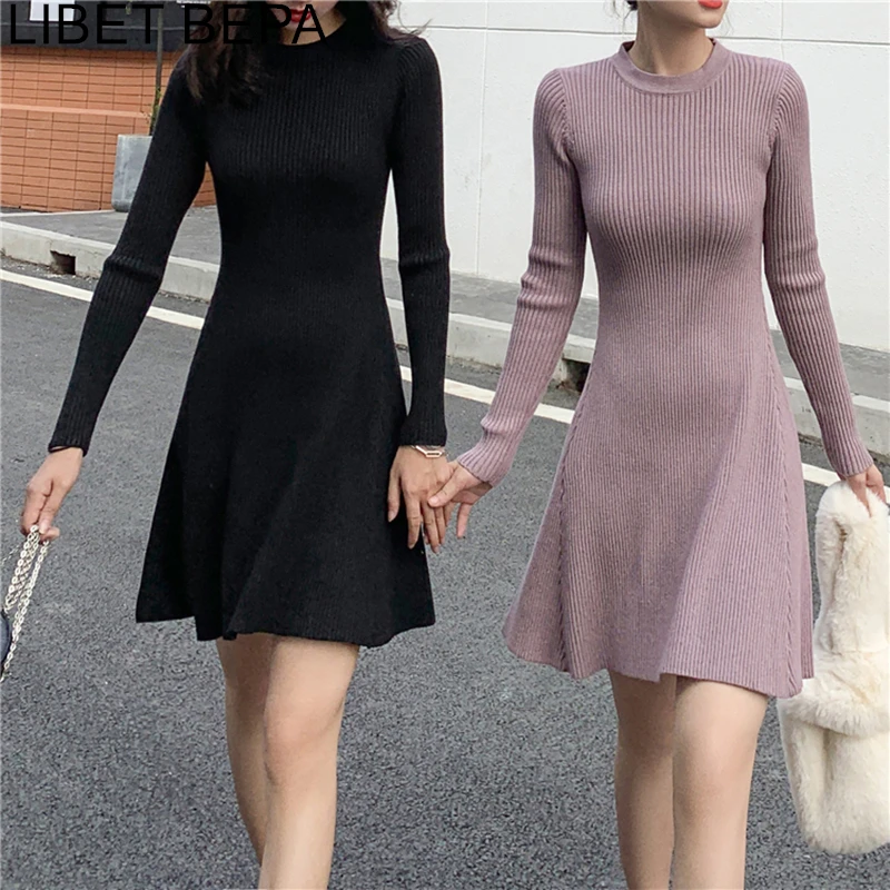 

2021 New Autumn Winter Women Knitting Dress Basic Bottoming Warm Elasticity Sexy Elegant Fashion Vintage Mini Dresses DR4812
