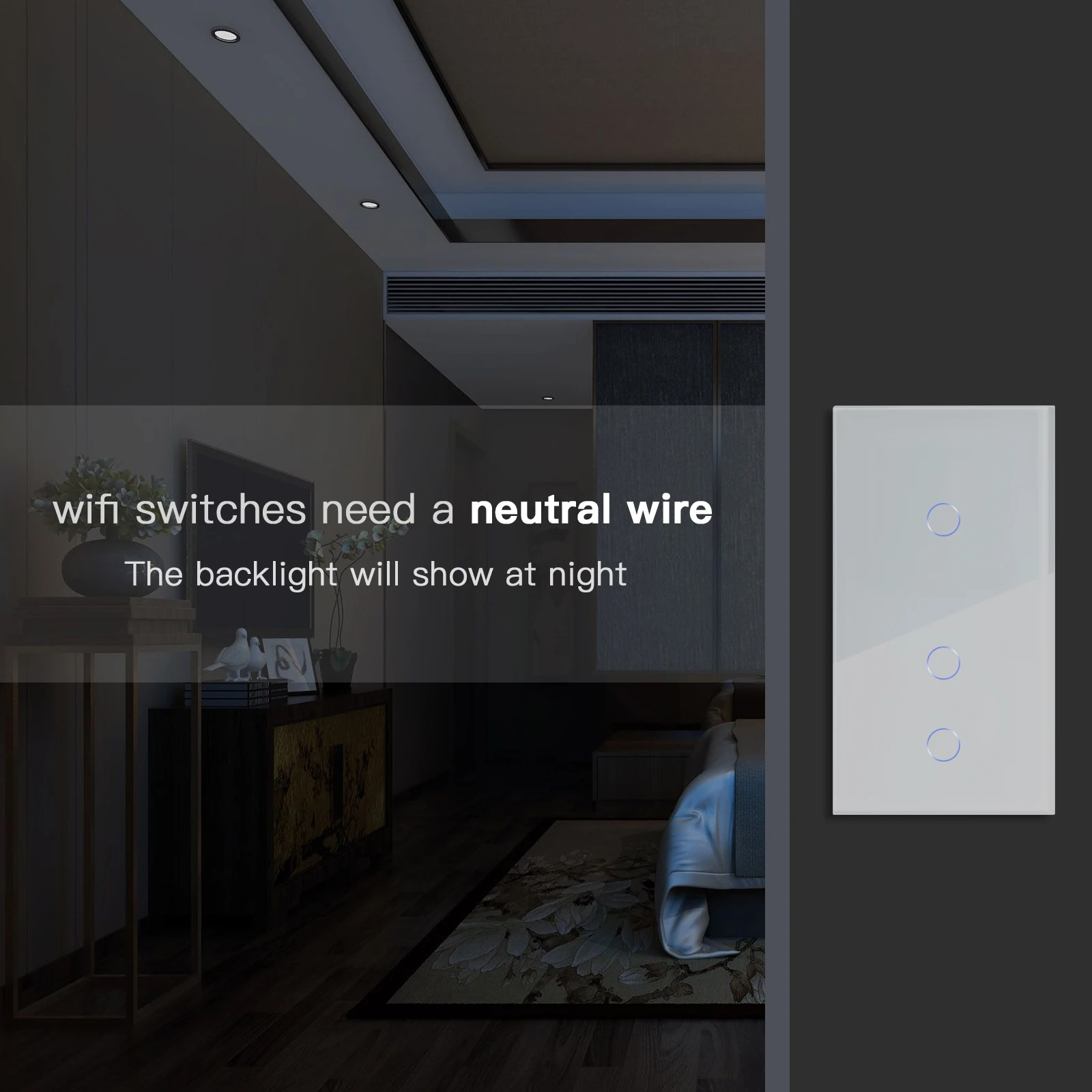 Выключатель сенсорный настенный Bseed с регулировкой по Wi-Fi 1/2 клавиши 1/2/3 канала 3