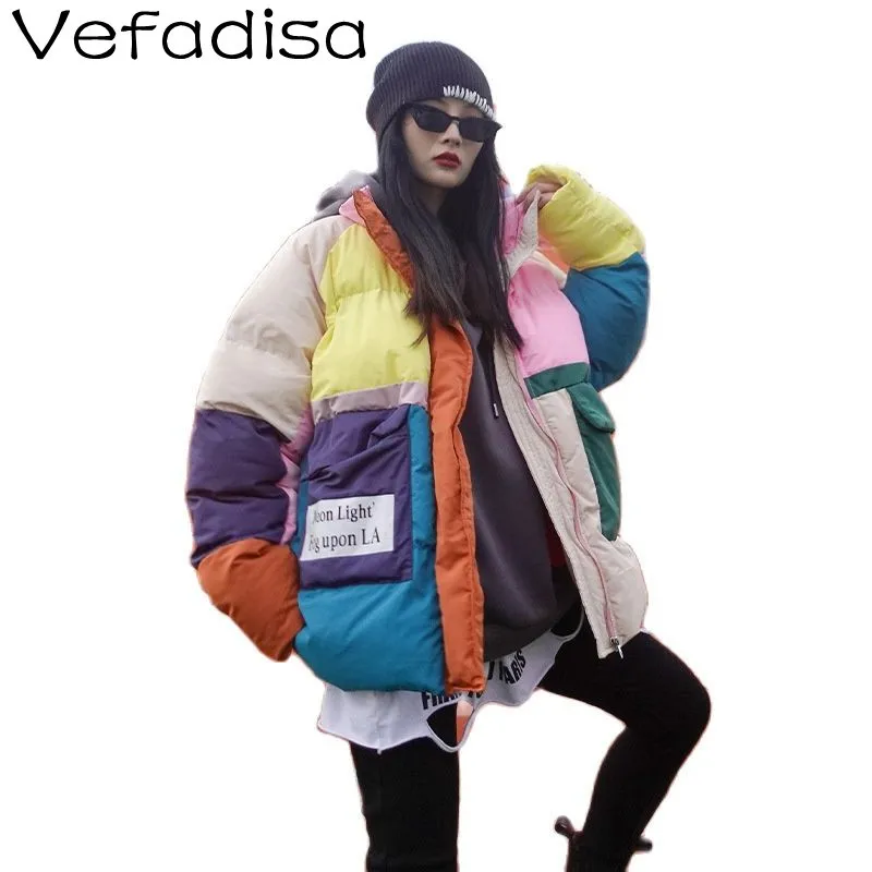 

Vefadisa 2021 Winter New Splicing Contrast Color Stand Up Collar Cotton Jacket Women Fashion Loose Warm Thick Coat TT833