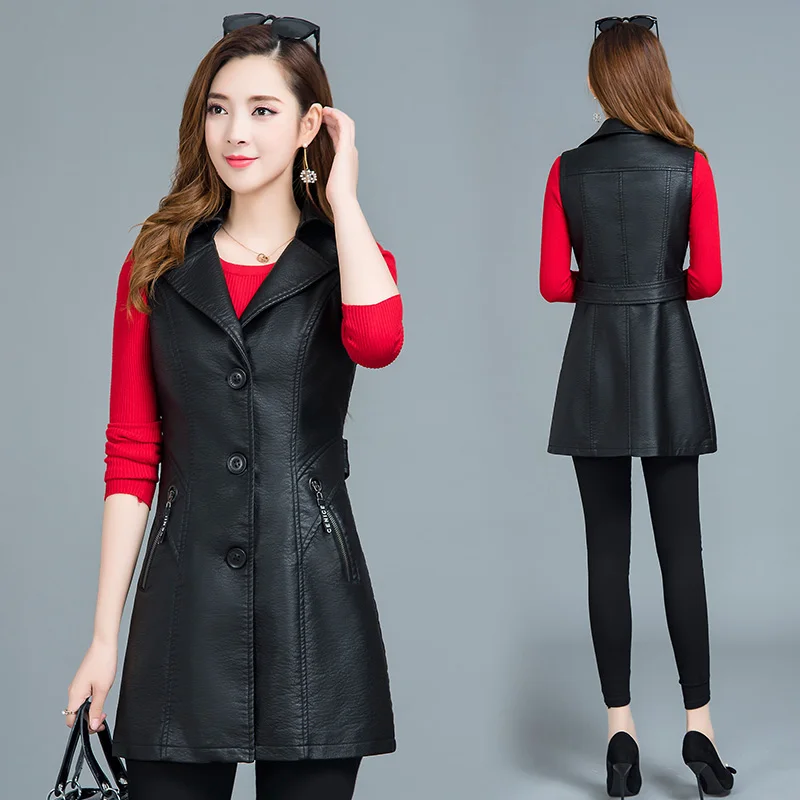 

2022 New Female Leather Vest Long Slim Women's Leather Jacket Fashion Plus Size Women's Clothing Wild Women's Leather Vest Black