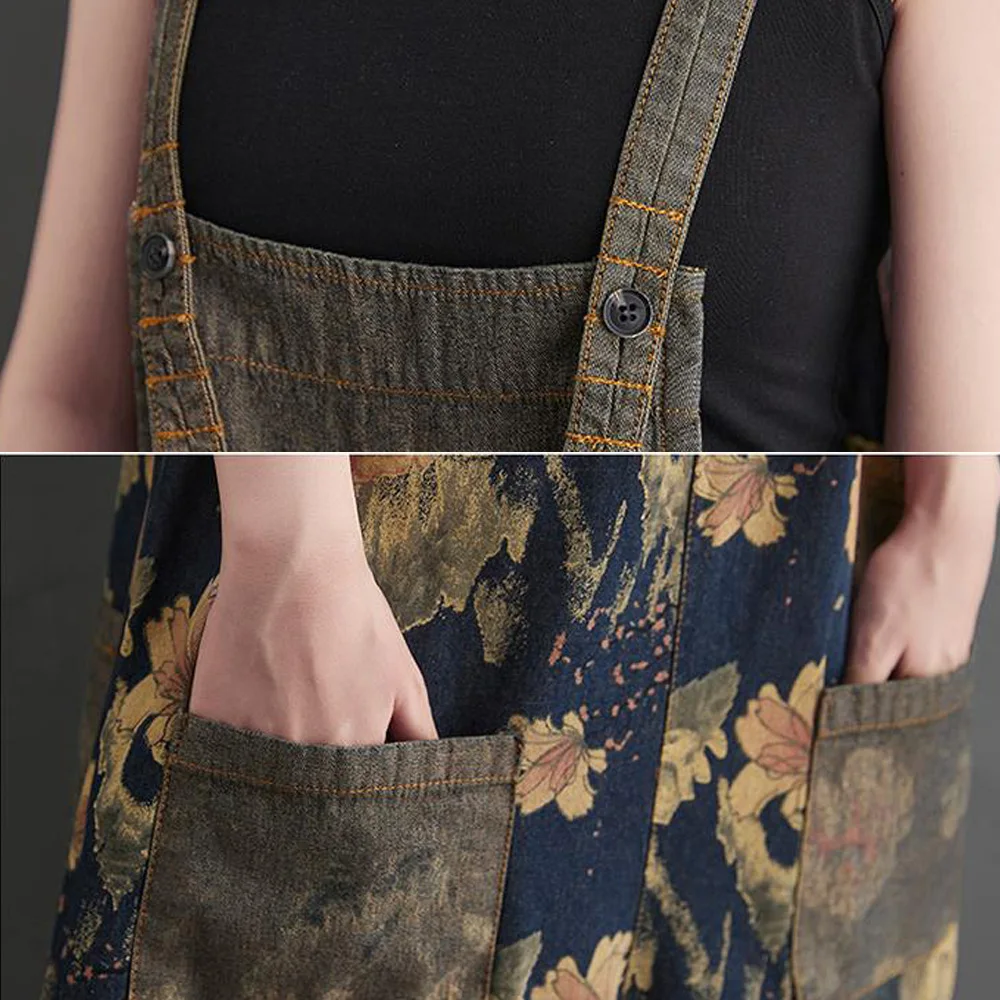 

Floral Print Denim Jumpsuit Women Summer Casual Loose Pocket Baggy Strap Jean Overalls Women Romper Plus Size 2021