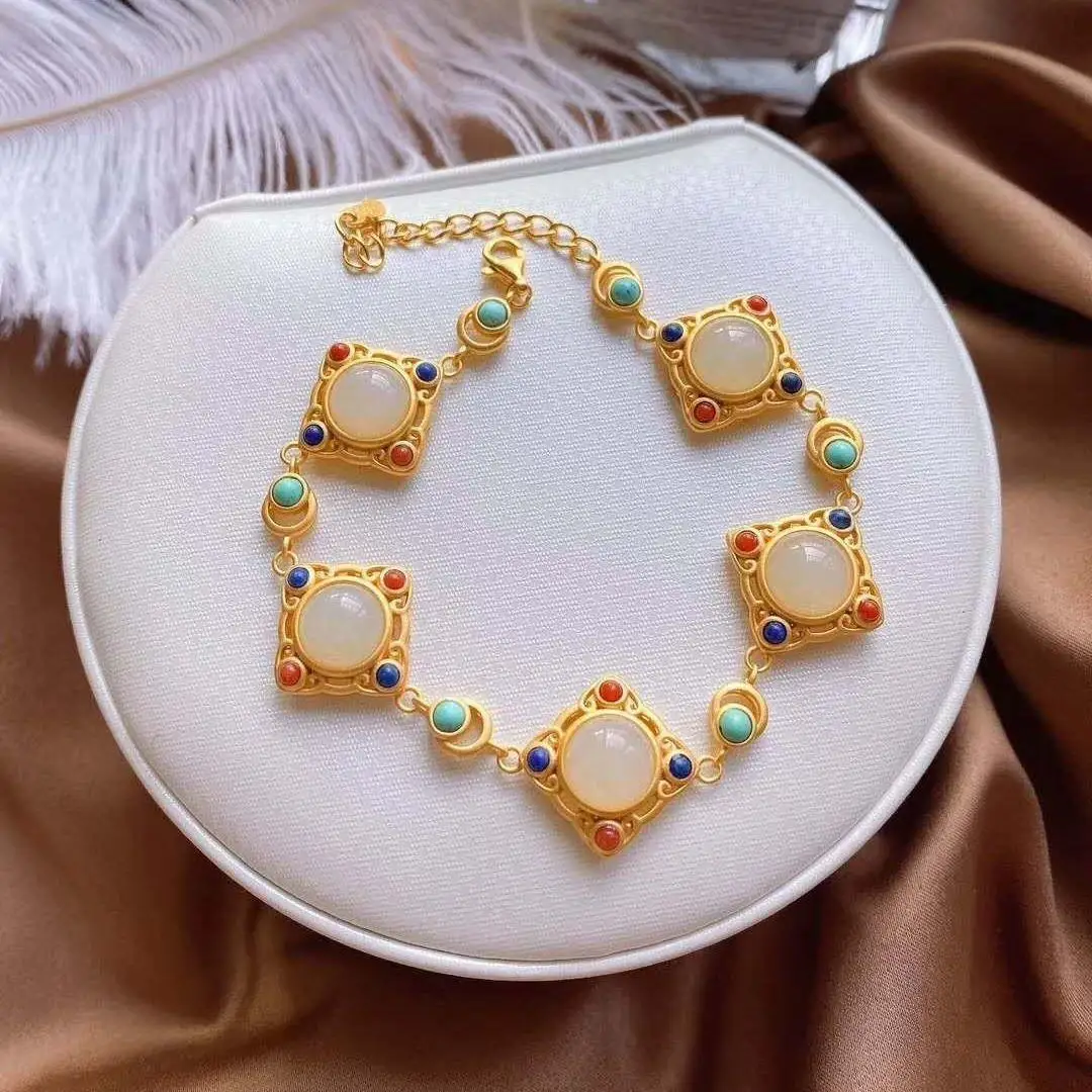 

Vintage Bracelet Women's Palace Style Chinese Style Ethnic Ancient Style Duobao Bracelet Hanfu and Natural Tian Yu Sterling Silv