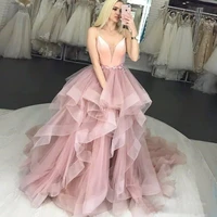 2020 spaghetti strip ball gown prom dresses ruffles sweep train tulle evening formal dress long women special occasion gowns