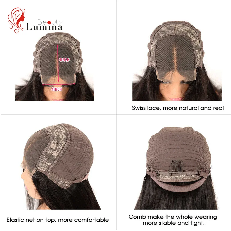 Beauty Lumina 4x4, парик на шнурке, бразильский, глубокая волна, парик Remy, человеческие волосы, парики, предварительно выщипанные, натуральные волосы, черный цвет