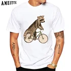 Футболка мужская с коротким рукавом, винтажная тенниска с принтом енота для езды на велосипеде, забавные Спортивные Повседневные топы с животными, в стиле хип-хоп, белый цвет