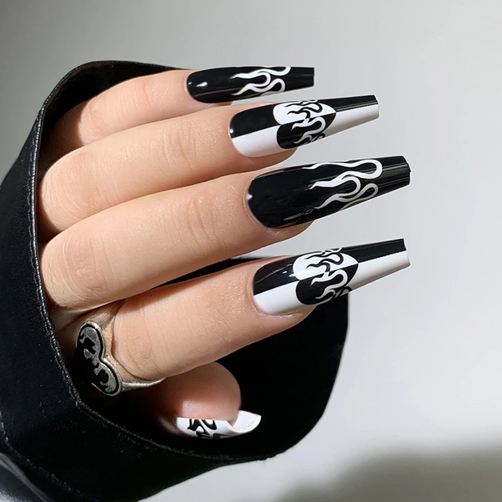 24 шт. длинные гвозди накладные ногти черные белые крутые девушка искусственные