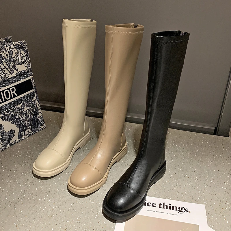

Women's High Boots 2022 Fall/winter Round Toe Zipper Women's Knee-length Knight Boots PU Thick-soled Comfortable Casual Boots