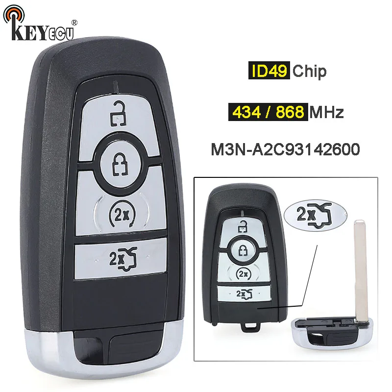 

KEYECU 434 / 868MHz ID49 Chip M3N-A2C93142600 4 Button Smart Remote Key Fob for Ford Edge Explorer Mustang Ranger 2017-2020