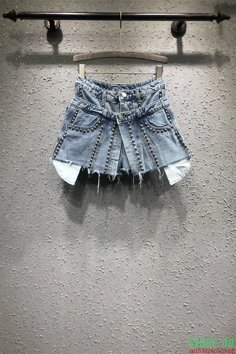 

2020 Spring Summer New Patter Denim Patchwork Fake Two Piece Heavy Work Beaded Edge High Waist Loose Shorts AG02605XL