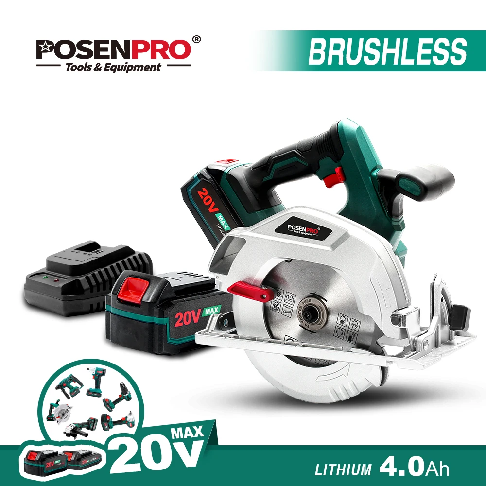 

POSENPRO Brushless Cordless Circular Saw 20V 4.0Ah Battery,Fast Charger,24T Saw Blade(7-1/4"),Adjustable Cutting Depth
