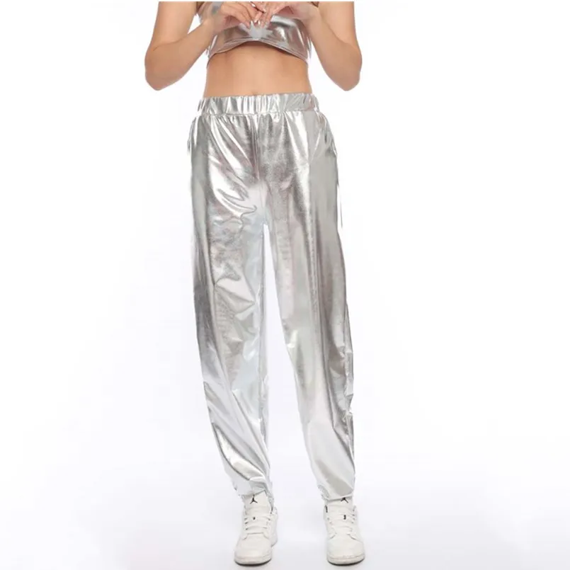 S1055 Silver White VISNXGI, Женские однотонные флуоресцентные блестящие штаны, леггинсы, большой размер, спандекс, высокая эластичность, повседневные штаны, блестящие серебристые, золотые леггинсы - Цвет: S1055 Silver White