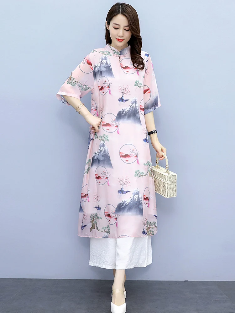 Женское длинное элегантное платье из хлопка и льна праздвечерние аозай Вьетнама