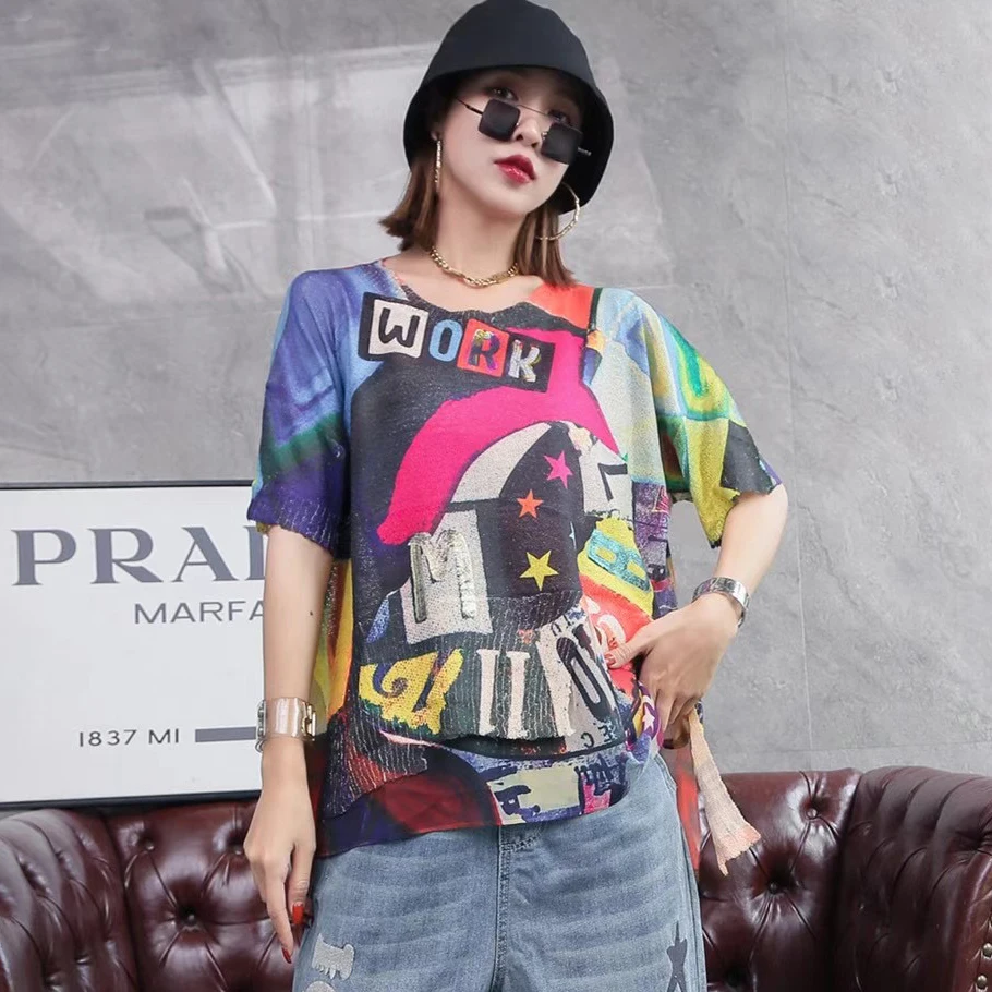 

2149 Hip Hop Style Letter Bronzing Short Sleeve Knitted Pullover Elegant 2021 Summer Korea Fashion Casual Loose Sweater Top Tide