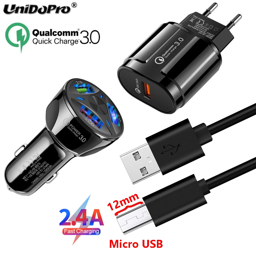 Автомобильное зарядное устройство QC 3 0 EU AC + кабель Micro USB с наконечником 12 мм для