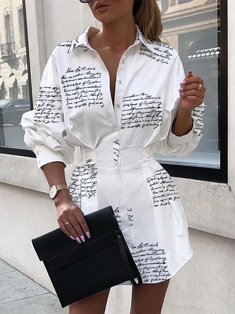 

Женское осенне-зимнее элегантное платье-рубашка с длинным рукавом и плотной талией