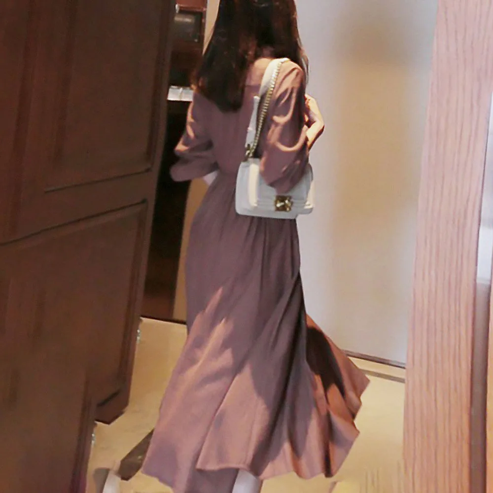 

Nice Summer Pop Retro Ruffle Solid Color Temperament Women's Dress Lace Casual Thin Round Neck Long Sleeve Japanese Style